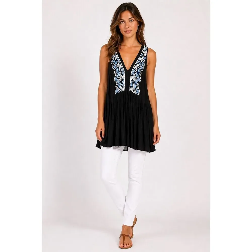 Ecoté Embroidered V-neck Rayon Tunic/Mini Dress Navy Size XS #200